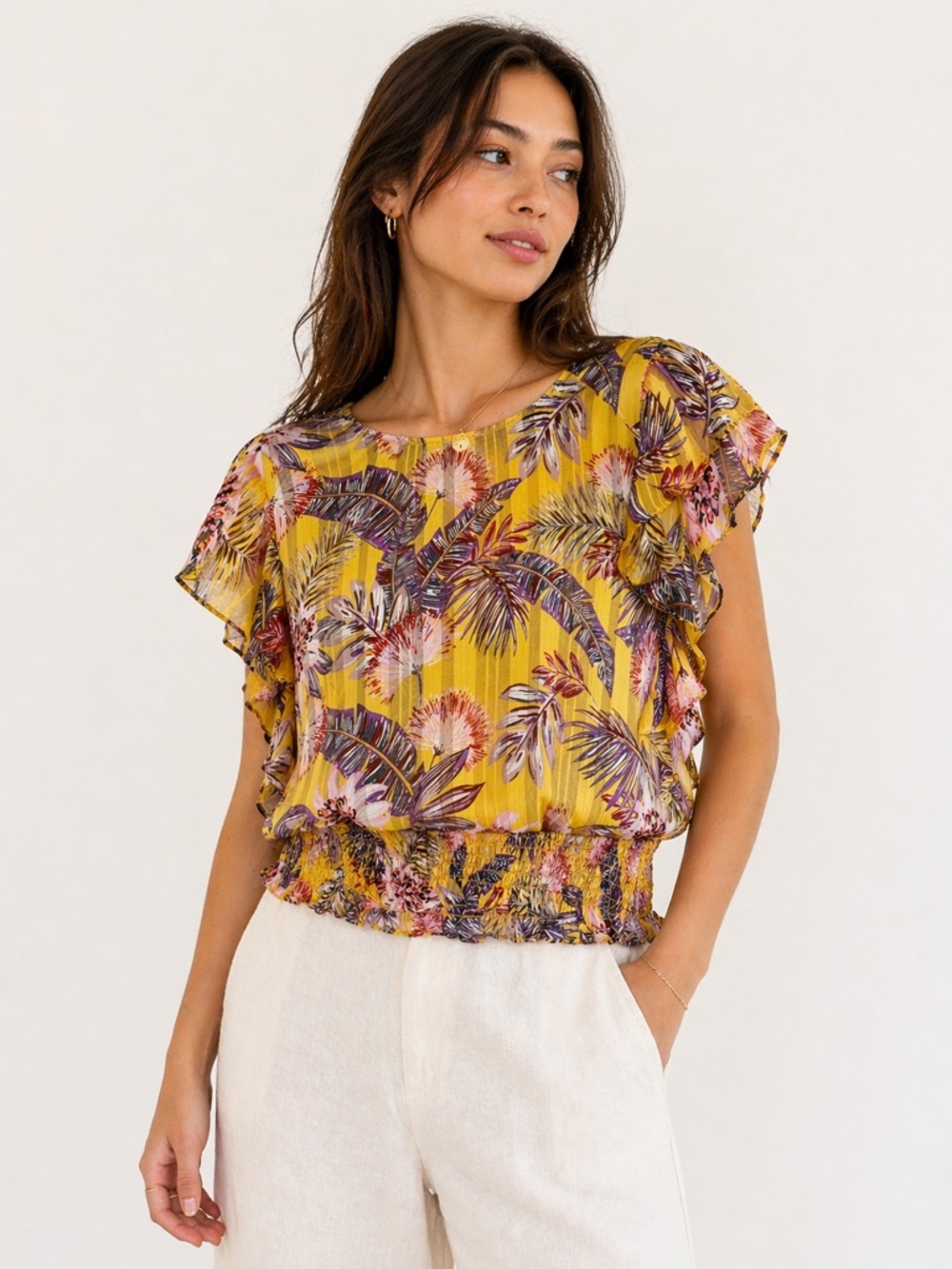 Pleione XL Yellow Floral Blouse Ruffle Sleeve Smocked Waist Tropical Boho Top